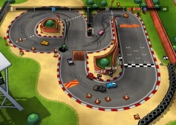Colorful cars racing around a winding track in the original Driift Mania for WiiWare.
