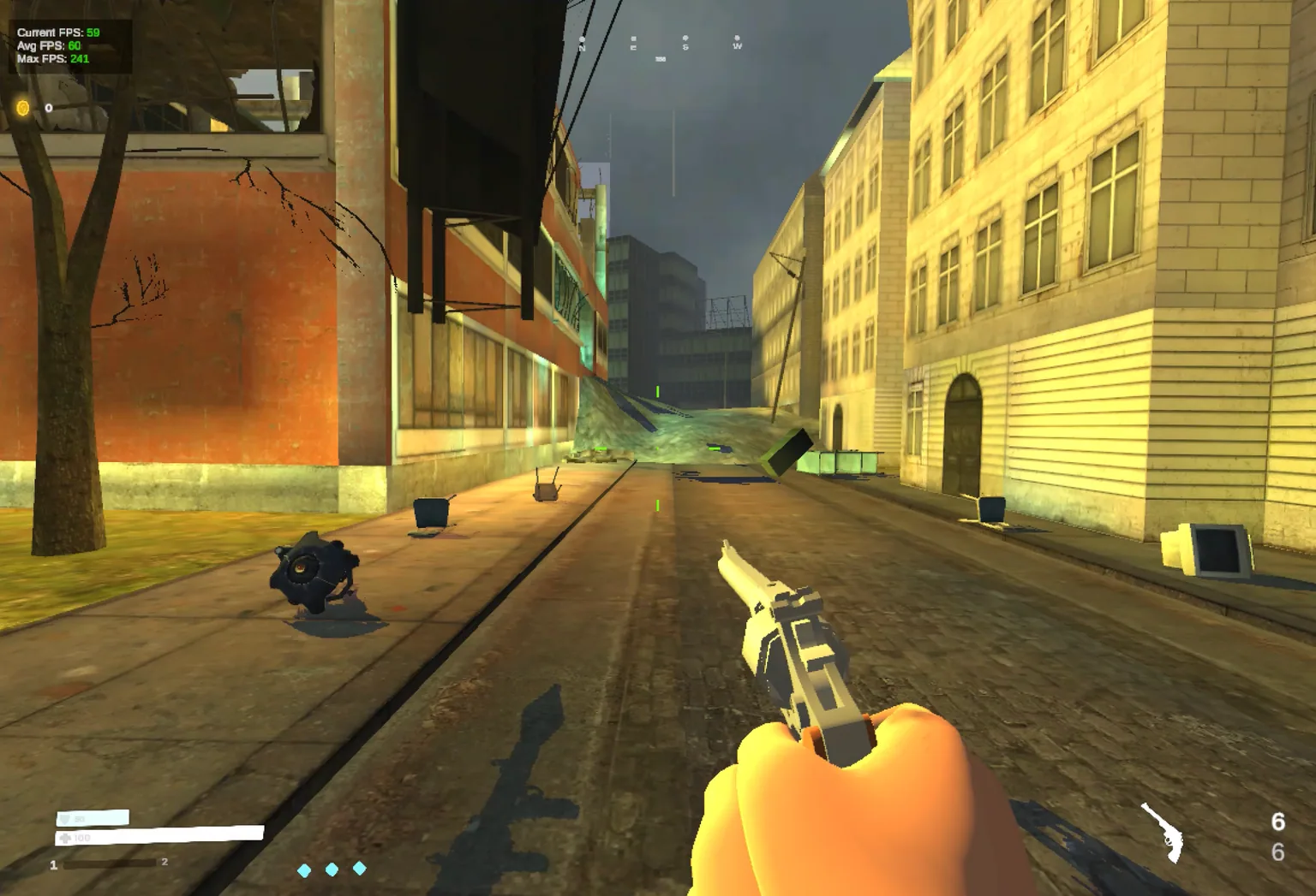 A ruined city street with tram tracks running in our FPS project.