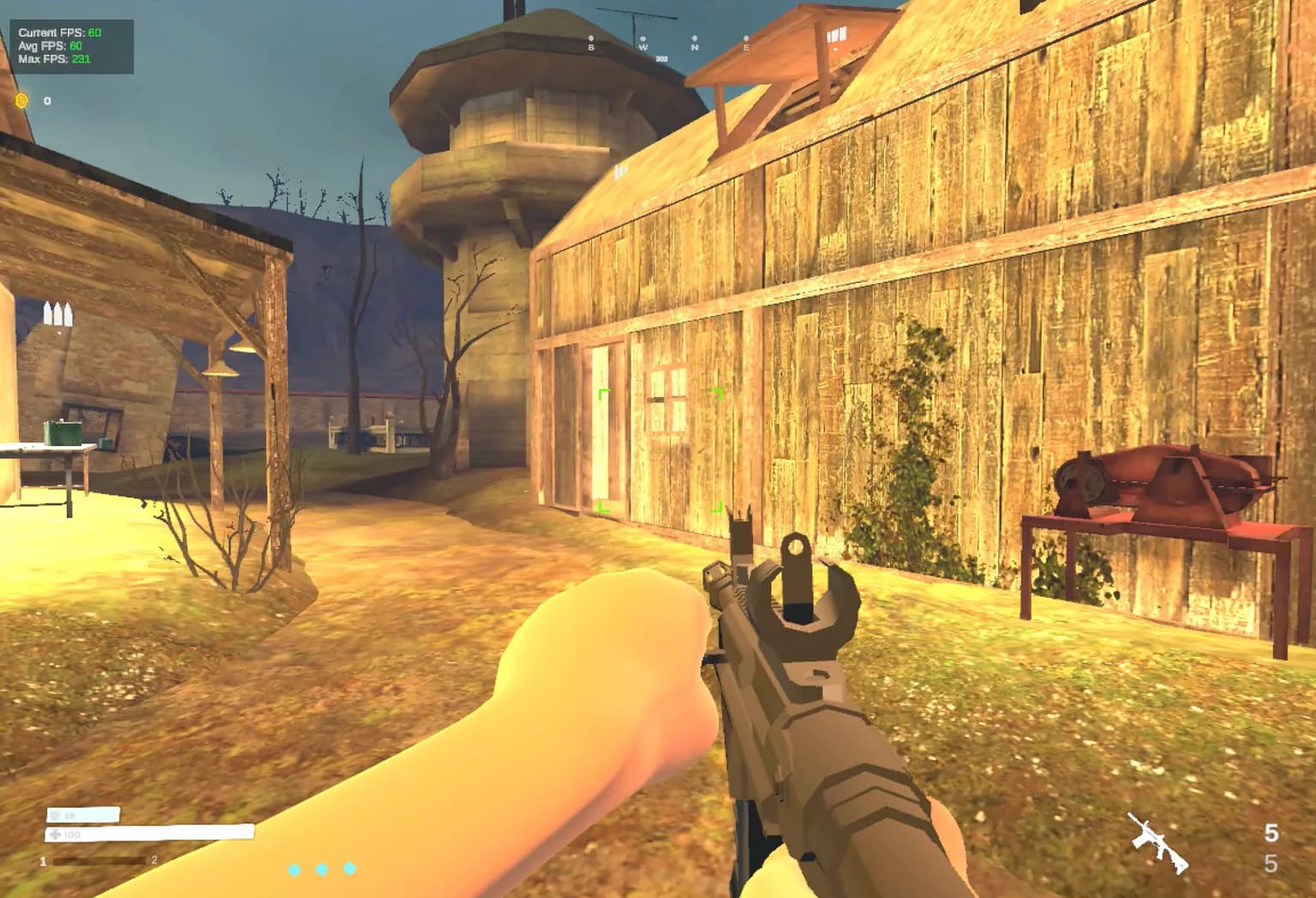 An industrial yard with a wooden building and a concrete tower running in our FPS project.