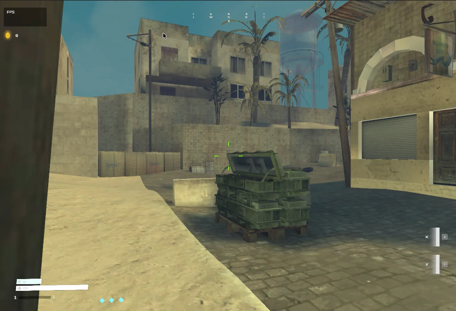 A sandy courtyard with palm trees and stacked crates running in our FPS project.