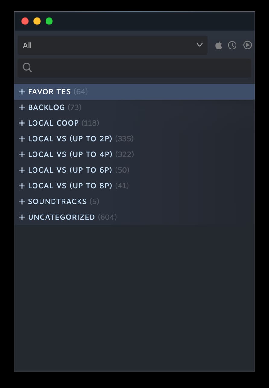 My Steam library, organized into local co-op and local versus collections for up to two, four, six, and eight players.